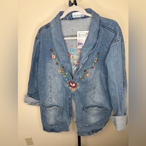 Denim 24/7 Vintage Blue Jean Jacket with Floral Embroidery